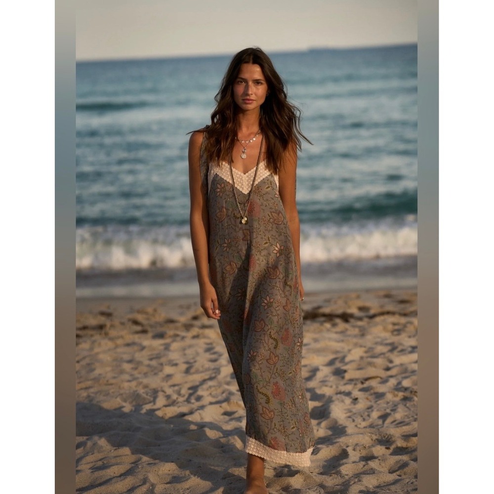 Sonmer Lucie Dress Blue Floral Lace Trim Boho Maxi Slip Dress 1849-Lucieblue-L
